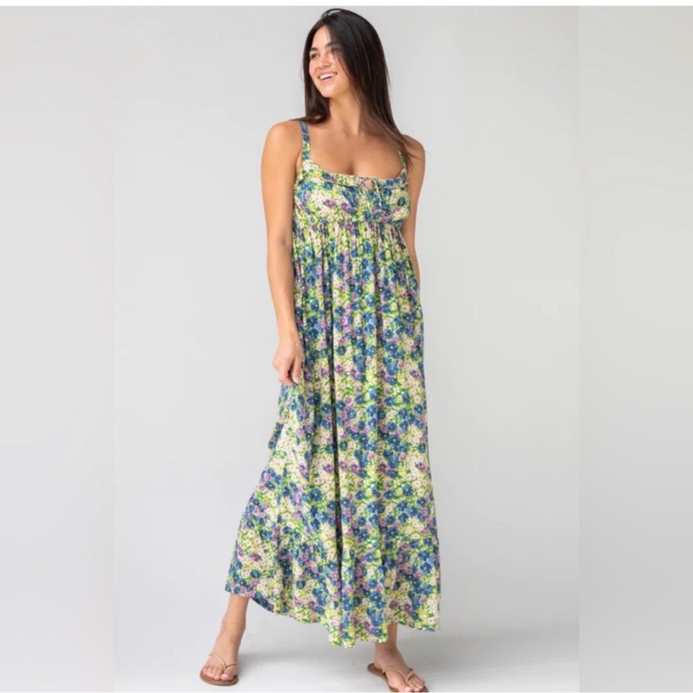 Natural Life Floral Maxi Dress Womens Large Blue Purple Green Daisy Boho Ruffle